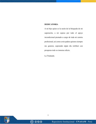 I
DEDICATORIA
A mi hijo quien es la razón de la búsqueda de mi
superación, a mi esposo por todo el apoyo
incondicional prestado a cargo de toda mi carrera
profesional, así como a mis padres quienes siempre
me guiaron, esperando algún día retribuir con
prosperas todo su inmenso afecto.
La Titulando.
 
