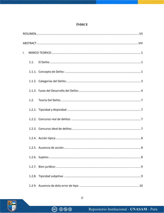 II
ÍNDICE
RESUMEN................................................................................................................................VII
ABSTRACT ..............................................................................................................................VIII
I. MARCO TEORICO...............................................................................................................1
1.1. El Delito.................................................................................................................1
1.1.1. Concepto de Delito: ..............................................................................................1
1.1.2. Categorías del Delito:............................................................................................3
1.1.3. Fases del Desarrollo del Delito:.............................................................................4
1.2. Teoría Del Delito ...................................................................................................7
1.2.1. Tipicidad y Atipicidad:...........................................................................................7
1.2.2. Concurso real de delitos: ......................................................................................7
1.2.3. Concurso ideal de delitos:.....................................................................................7
1.2.4. Acción típica:.........................................................................................................8
1.2.5. Ausencia de acción:...............................................................................................8
1.2.6. Sujetos:..................................................................................................................8
1.2.7. Bien jurídico: .........................................................................................................9
1.2.8. Tipicidad subjetiva: ...............................................................................................9
1.2.9. Ausencia de dolo error de tipo: ..........................................................................10
 