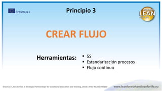 Principio 3
CREAR FLUJO
 5S
 Estandarización procesos
 Flujo continuo
Herramientas:
 