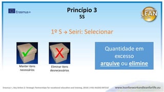 Manter itens
necessários
Eliminar itens
desnecessários
 X
1º S  Seiri: Selecionar
Quantidade em
excesso
arquive ou elimine
Princípio 3
5S
 