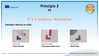 Canto azul
Itens móveis
Canto vermelho
Itens para deitar fora
Canto verde
Itens fixos
Exemplo: Marcas no chão
Princípio 3
5S
4º S  Seiketsu: Normalizar
 