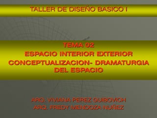 TALLER DE DISEÑO BASICO I




            TEMA 02
   ESPACIO INTERIOR EXTERIOR
CONCEPTUALIZACION- DRAMATURGIA
         DEL ESPACIO



    ARQ. VIVIANA PEREZ GUIBOVICH
     ARQ. FREDY MENDOZA NUÑEZ
 