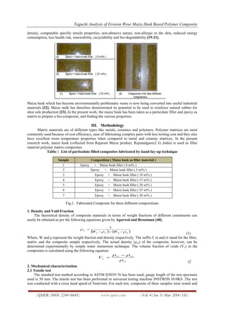 Taguchi Analysis of Erosion Wear Maize Husk Based Polymer Composite
| IJMER | ISSN: 2249–6645 | www.ijmer.com | Vol. 4 | Iss. 3 | Mar. 2014 | 131 |
density, comparable specific tensile properties, non-abrasive nature, non-allergic to the skin, reduced energy
consumption, less health risk, renewability, recyclability and bio-degradability [19-21].
Maize husk which has become environmentally problematic waste is now being converted into useful industrial
materials [22]. Maize stalk has therefore demonstrated its potential to be used to reinforce natural rubber for
shoe sole production [23]. In the present work, the maize husk has been taken as a particulate filler and epoxy as
matrix to prepare a bio-composite, and finding the various properties.
III. Methodology
Matrix materials are of different types like metals, ceramics and polymers. Polymer matrices are most
commonly used because of cost efficiency, ease of fabricating complex parts with less tooling cost and they also
have excellent room temperature properties when compared to metal and ceramic matrices. In the present
research work, maize husk (collected from Rajaram Maize product, Rajnandgaon,C.G.,India) is used as filler
material polymer matrix composites.
Table:1. List of particulate filled composites fabricated by hand-lay-up technique
Fig.1. Fabricated Composite for three different compositions
1. Density and Void Fraction
The theoretical density of composite materials in terms of weight fractions of different constituents can
easily be obtained as per the following equations given by Agarwal and Broutman [40].
   mmff
ct
WW 

//
1


(1)
Where, W and ρ represent the weight fraction and density respectively. The suffix f, m and ct stand for the fiber,
matrix and the composite sample respectively. The actual density (ρce) of the composite, however, can be
determined experimentally by simple water immersion technique. The volume fraction of voids (Vv) in the
composites is calculated using the following equation:
ct
cect
vV

 

(2
2. Mechanical characterization
2.1 Tensile test
The standard test method according to ASTM D3039-76 has been used; gauge length of the test specimen
used is 50 mm. The tensile test has been performed in universal testing machine INSTRON H10KS .The test
was conducted with a cross head speed of 5mm/min. For each test, composite of three samples were tested and
Sample Composition ( Maize husk as filler material )
1 Epoxy + Maize husk filler ( 0 wt% )
2 Epoxy + Maize husk filler ( 5 wt% )
3 Epoxy + Maize husk filler ( 10 wt% )
4 Epoxy + Maize husk filler ( 15 wt% )
5 Epoxy + Maize husk filler ( 20 wt% )
6 Epoxy + Maize husk filler ( 25 wt% )
7 Epoxy + Maize husk filler ( 30 wt% )
 