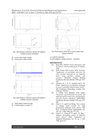 Bhaskararao. K et al Int. Journal of Engineering Research and Applications www.ijera.com 
ISSN : 2248-9622, Vol. 4, Issue 7( Version 1), July 2014, pp.124-131 
www.ijera.com 130 | P a g e 
Fig . step change in reference speed with adaptive 
variable structure controller 
a) q-axis stator input voltage 
b) d-and q-axis stator current 
Fig. step change in reference speed with adaptive 
variable structure controller 
a) Stator phase current in amp 
b) Control input,u in rads/s^3 
Fig. Performance of the drive system under load 
torque variations 
a) with P-I controller 
b) with adaptive voltage structure controller 
REFERENCES 
[1] Bose B.K.,”Modern Power Electronics and 
AC Drives”, Pearson Education, 4th Edition, 
2004 
[2] R.M. Cuzner, R.D. Lorenz, D.W. Novotny, 
“Application of non-linear observers for 
rotor position detection on an induction 
motor using machine voltages and 
currents,” IEEEIAS Annual Meeting 
Conference Record, October 1990, pp. 416– 
421. 
[3] Atkinson D. J., P. P. Acarnley and J. W. 
Finch, “Application of estimation technique 
in vector controlled inductin motor drives,” 
IEE Conference Proceeding, London, July 
1990, pp. 358-363. 
[4] A. Ferrah, K.G. Bradely, G.M. Asher, 
“Sensorless speed detection of inverter fed 
induction motors using rotor slot harmonics 
and fast Fourier transform,” IEEE-PESC 
Conference Record, October 1992, pp. 279– 
286. 
[5] Chan, C. C., and H. Q. Wang, “New scheme 
of sliding mode control for high 
performance induction motor drives,” IEE 
Proc. on Electric Power Applications, vol. 
143, no. 3, May 1996, pp 177- 185. 
[6] Chan C. C., Leung W. S. and C. W. Nag, “ 
Adaptive decoupling control of induction 
motor drives,” IEEE Transaction on 
Industrial Electronics, vol. 35, no. 1, Feb. 
1990, pp.41-47. 
 