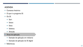 19
AGENDA
 Contexto histórico
 O que é o programa 5S
 Os 5S
 Seiri
 Seiton
 Seiso
 Seiketsu
 Shitsuke
 Áreas de aplicação
 Exemplo de aplicação em indústria
 Exemplo de aplicação do 5S digital
 Referências
 