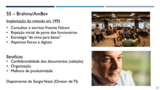 5S – Brahma/AmBev
20
Depoimento de SergioVezzá (Diretor de TI)
Implantação do método em 1995
• Consultor e escritorVicente Falconi
• Rejeição inicial de parte dos funcionários
• Estratégia “de cima para baixo”
• Aspectos físicos e digitais
Benefícios
• Confidencialidade dos documentos (seleção)
• Organização
• Melhora de produtividade
 