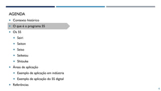 4
AGENDA
 Contexto histórico
 O que é o programa 5S
 Os 5S
 Seiri
 Seiton
 Seiso
 Seiketsu
 Shitsuke
 Áreas de aplicação
 Exemplo de aplicação em indústria
 Exemplo de aplicação do 5S digital
 Referências
 