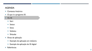 8
AGENDA
 Contexto histórico
 O que é o programa 5S
 Os 5S
 Seiri
 Seiton
 Seiso
 Seiketsu
 Shitsuke
 Áreas de aplicação
 Exemplo de aplicação em indústria
 Exemplo de aplicação do 5S digital
 Referências
 