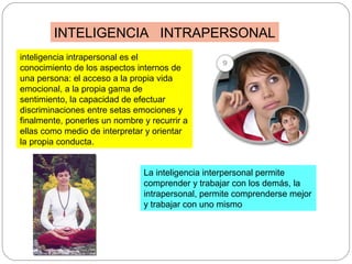 INTELIGENCIA INTRAPERSONAL
inteligencia intrapersonal es el
conocimiento de los aspectos internos de
una persona: el acceso a la propia vida
emocional, a la propia gama de
sentimiento, la capacidad de efectuar
discriminaciones entre setas emociones y
finalmente, ponerles un nombre y recurrir a
ellas como medio de interpretar y orientar
la propia conducta.
La inteligencia interpersonal permite
comprender y trabajar con los demás, la
intrapersonal, permite comprenderse mejor
y trabajar con uno mismo
 