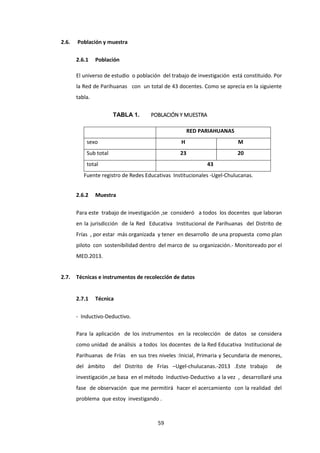 59
2.6. Población y muestra
2.6.1 Población
El universo de estudio o población del trabajo de investigación está constituido. Por
la Red de Parihuanas con un total de 43 docentes. Como se aprecia en la siguiente
tabla.
TABLA 1. POBLACIÓN Y MUESTRA
RED PARIAHUANAS
sexo H M
Sub total 23 20
total 43
Fuente registro de Redes Educativas Institucionales -Ugel-Chulucanas.
2.6.2 Muestra
Para este trabajo de investigación ,se consideró a todos los docentes que laboran
en la jurisdicción de la Red Educativa Institucional de Parihuanas del Distrito de
Frías , por estar más organizada y tener en desarrollo de una propuesta como plan
piloto con sostenibilidad dentro del marco de su organización.- Monitoreado por el
MED.2013.
2.7. Técnicas e instrumentos de recolección de datos
2.7.1 Técnica
- Inductivo-Deductivo.
Para la aplicación de los instrumentos en la recolección de datos se considera
como unidad de análisis a todos los docentes de la Red Educativa Institucional de
Parihuanas de Frías en sus tres niveles :Inicial, Primaria y Secundaria de menores,
del ámbito del Distrito de Frías –Ugel-chulucanas.-2013 .Este trabajo de
investigación ,se basa en el método Inductivo-Deductivo a la vez , desarrollaré una
fase de observación que me permitirá hacer el acercamiento con la realidad del
problema que estoy investigando .
 