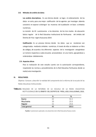 61
2.8. Métodos de análisis de datos
Los análisis descriptivos. Es una técnica donde se logra el ordenamiento de los
datos en serie, para una mejor codificación de los agentes por investigar .Además
consistirá en separar o distinguir las muestras de la población en base a símbolos
numéricos.
La revisión de 43 cuestionarios a los docentes de los tres niveles de educación
básica regular de la Red Educativa Institucional de Parihuanas del ámbito del
Distrito de Frías –Ugel-chulucanas-2014.
Codificación: Es un proceso técnico donde los datos que se recolectan son
categorizados mediante simboles numéricos. A través de ellos se elaboran un libro
de códigos, de acuerdo a los diferentes aspectos de la investigación otorgándose
un número respectivo a cada encuesta procesándose en una matriz, agrupándose y
ordenándose debidamente.
2.9. Aspectos éticas
Para la realización de este estudio cuento con la autorización correspondiente,
respetando las normas y procedimientos de la Red Educativa Parihuanas donde se
realizó esta investigación.
III. RESULTADOS
Objetivo: Conocer y describir la realidad del componente de la reforma de la escuela de las
Redes Educativas Institucionales
TABLA 2. REALIDAD DE LA REFORMA DE LA ESCUELA DE LA REDES EDUCATIVAS
INSTITUCIONALES EN EL ÁMBITO DEL DISTRITO DE FRÍAS, UGEL CHULUCANAS, 2016.
N %
Buena 22 51.1
Muy buena 10 23.3
Regular 11 25.6
Total general 43 100.0
Fuente: Cuestionario aplicado a los docentes de la Red Educativa Nueva visión.
 