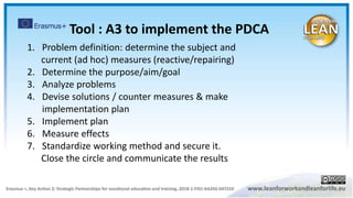 Tool : A3 to implement the PDCA
1. Problem definition: determine the subject and
current (ad hoc) measures (reactive/repairing)
2. Determine the purpose/aim/goal
3. Analyze problems
4. Devise solutions / counter measures & make
implementation plan
5. Implement plan
6. Measure effects
7. Standardize working method and secure it.
Close the circle and communicate the results
 