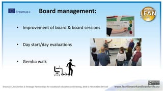 Board management:
• Improvement of board & board sessions
• Day start/day evaluations
• Gemba walk
 