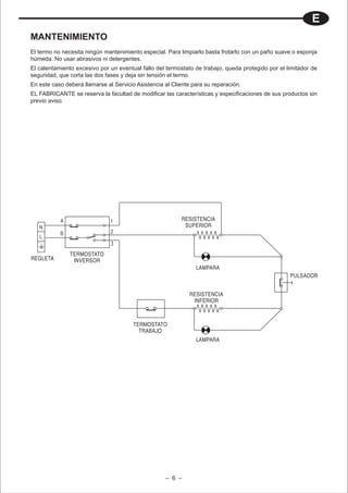 E
MANTENIMIENTO
El termo no necesita ningún mantenimiento especial. Para limpiarlo basta frotarlo con un paño suave o esponja
húmeda. No usar abrasivos ni detergentes.
El calentamiento excesivo por un eventual fallo del termostato de trabajo, queda protegido por el limitador de
seguridad, que corta las dos fases y deja sin tensión el termo.
En este caso deberá llamarse al Servicio Asistencia al Cliente para su reparación.
EL FABRICANTE se reserva la facultad de modificar las características y especificaciones de sus productos sin
previo aviso.




                                                          RESISTENCIA
                                                           SUPERIOR



               TERMOSTATO
REGLETA         INVERSOR
                                                                LAMPARA
                                                                                                   PULSADOR


                                                              RESISTENCIA
                                                               INFERIOR



                                        TERMOSTATO
                                          TRABAJO
                                                                LAMPARA




                                                    – 6 –
 