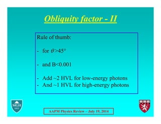 AAPM Physics Review – July 19, 2014
Obliquity factor - II
Rule of thumb:
- for >45°
- and B<0.001
- Add ~2 HVL for low-energy photons
- And ~1 HVL for high-energy photons
 