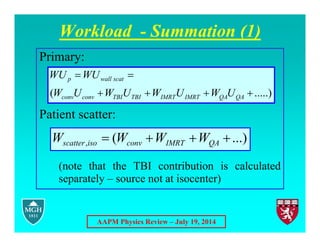 AAPM Physics Review – July 19, 2014
Workload - Summation (1)
Primary:
Patient scatter:
(note that the TBI contribution is calculated
separately – source not at isocenter)
.....)
( 





QA
QA
IMRT
IMRT
TBI
TBI
conv
conv
scat
wall
p
U
W
U
W
U
W
U
W
WU
WU
...)
(
, 


 QA
IMRT
conv
iso
scatter W
W
W
W
 