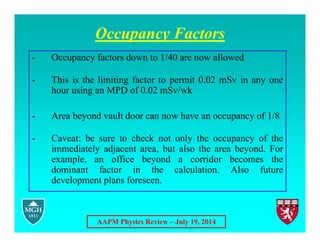 AAPM Physics Review – July 19, 2014
Occupancy Factors
- Occupancy factors down to 1/40 are now allowed
- This is the limiting factor to permit 0.02 mSv in any one
hour using an MPD of 0.02 mSv/wk
- Area beyond vault door can now have an occupancy of 1/8
- Caveat: be sure to check not only the occupancy of the
immediately adjacent area, but also the area beyond. For
example, an office beyond a corridor becomes the
dominant factor in the calculation. Also future
development plans foreseen.
 
