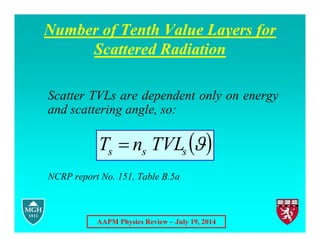 AAPM Physics Review – July 19, 2014
Number of Tenth Value Layers for
Scattered Radiation
Scatter TVLs are dependent only on energy
and scattering angle, so:
NCRP report No. 151, Table B.5a
 

s
s
s TVL
n
T 
 