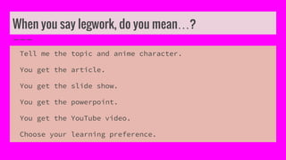 When you say legwork, do you mean…?
Tell me the topic and anime character.
You get the article.
You get the slide show.
You get the powerpoint.
You get the YouTube video.
Choose your learning preference.
 