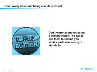 Don’t worry about not being a military expert 
Knowledge Don’t worry about not being 
a military expert. It’s OK to 
ask them to remind you 
what a particular acronym 
stands for. 
Confidential © InsideTrack 9 
 