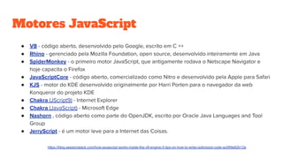 Motores JavaScript
●
●
●
●
●
●
●
●
●
https://blog.sessionstack.com/how-javascript-works-inside-the-v8-engine-5-tips-on-how-to-write-optimized-code-ac089e62b12e
 
