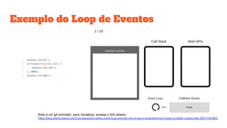 Exemplo do Loop de Eventos
Este é um gif animado, para visualizar, acesse o link abaixo:
https://blog.sessionstack.com/how-javascript-works-event-loop-and-the-rise-of-async-programming-5-ways-to-better-coding-with-2f077c4438b5
 