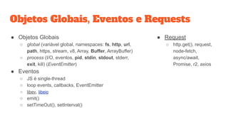 Objetos Globais, Eventos e Requests
● Objetos Globais
○ global (variável global, namespaces: fs, http, url,
path, https, stream, v8, Array, Buffer, ArrayBuffer)
○ process (I/O, eventos, pid, stdin, stdout, stderr,
exit, kill) (EventEmitter)
● Eventos
○ JS é single-thread
○ loop events, callbacks, EventEmitter
○ libev, libeio
○ emit()
○ setTimeOut(), setInterval()
● Request
○ http.get(), request,
node-fetch,
async/await,
Promise, r2, axios
 