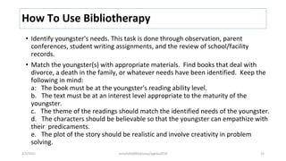How To Use Bibliotherapy
• Identify youngster's needs. This task is done through observation, parent
conferences, student writing assignments, and the review of school/facility
records.
• Match the youngster(s) with appropriate materials. Find books that deal with
divorce, a death in the family, or whatever needs have been identified. Keep the
following in mind:
a: The book must be at the youngster's reading ability level.
b. The text must be at an interest level appropriate to the maturity of the
youngster.
c. The theme of the readings should match the identified needs of the youngster.
d. The characters should be believable so that the youngster can empathize with
their predicaments.
e. The plot of the story should be realistic and involve creativity in problem
solving.
2/2/2021 nmz/tslb3093/pismp/ipgkba2019 32
 