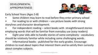 Early School Years (Ages 5-8)
• Some children may learn to read before they enter primary school
• For reading to or with children – use picture books with strong
storylines and character development.
• For independent reading – select books with straightforward stories
employing words that will be familiar from everyday use (easy readers)
• Eight-year olds able to handle stories of some complexity - vocabulary
should be relatively familiar while including some challenging words.
• Informational books - published for the early grades. Encourage
children to read about topics that interest them and to satisfy their curiosity
about complex subjects.
DEVELOPMENTAL
APPROPRIATENESS
2/2/2021 nmz/tslb3093/pismp/ipgkba2019 71
 