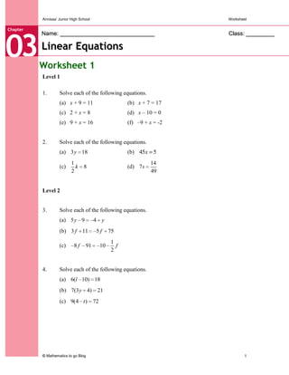 Linear Equations30Chapter<br />Worksheet 1<br />Level 1<br />1.Solve each of the following equations.<br />(a)   x + 9 = 11(b)   x + 7 = 17<br />(c)   2 + x = 8(d)   x – 10 = 0<br />(e)   9 + x = 16(f)   –9 + x = -2<br />2.Solve each of the following equations.<br />(a)   (b)    <br />(c)    (d)    <br />Level 2<br />3.Solve each of the following equations.<br />(a)   <br />(b)   <br />(c)   <br />4.Solve each of the following equations.<br />(a)   <br />(b)   <br />(c)   <br />Name: ______________________________Class: _________<br />Level 3 <br />5. Solve each of the following equations.<br />(a)   <br />(b)   <br />(c)   <br />x y012534–1 –2 –3 –4 –512345–2 –1 –4 –3 –53. Write down the coordinates of the following points A to E.<br />A<br />B<br />C<br />D<br />E<br />Score : …/20Sign :<br />