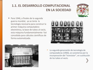 1.1. EL DESARROLLO COMPUTACIONAL
EN LA SOCIEDAD
 Para 1946, a finales de la segunda
guerra mundial, ya se tenía la
tecnología necesaria para construir la
primer máquina computadora
electrónica, la base de tubos al vacío,
esta máquina fundamentalmente fué
concebida para cálculos científicos de
forma automatizada.



La segunda generación de tecnología de
computadoras (1960), se caracteriza por la
incorporación del “transistor”, en sustitución
de los tubos al vacío.

 