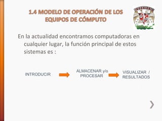En la actualidad encontramos computadoras en
cualquier lugar, la función principal de estos
sistemas es :

INTRODUCIR

ALMACENAR y/o
PROCESAR

VISUALIZAR /
RESULTADOS

 