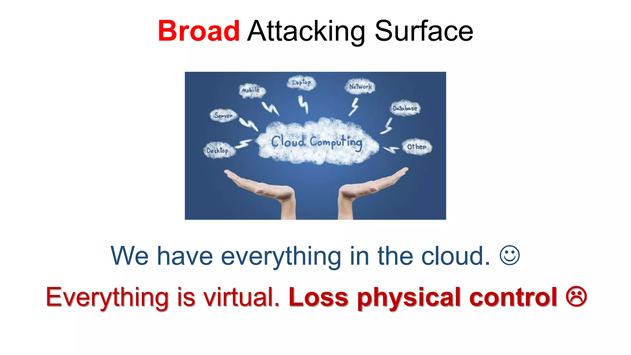 BroadAttacking Surface 
We have everything in the cloud.  Everything is virtual. Loss physical control   
