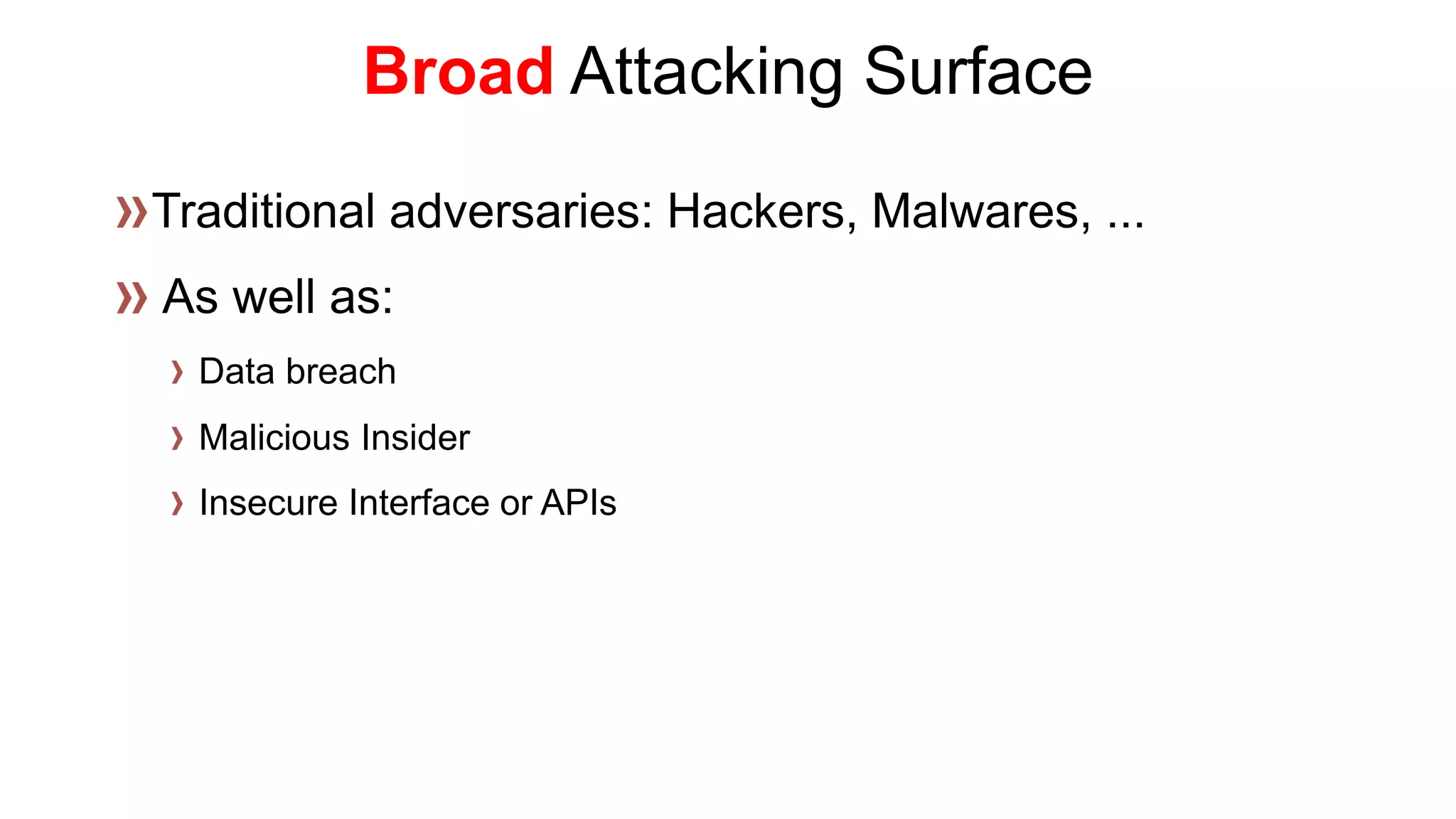 BroadAttacking Surface 
Data breach 
Malicious Insider 
Insecure Interface or APIs  