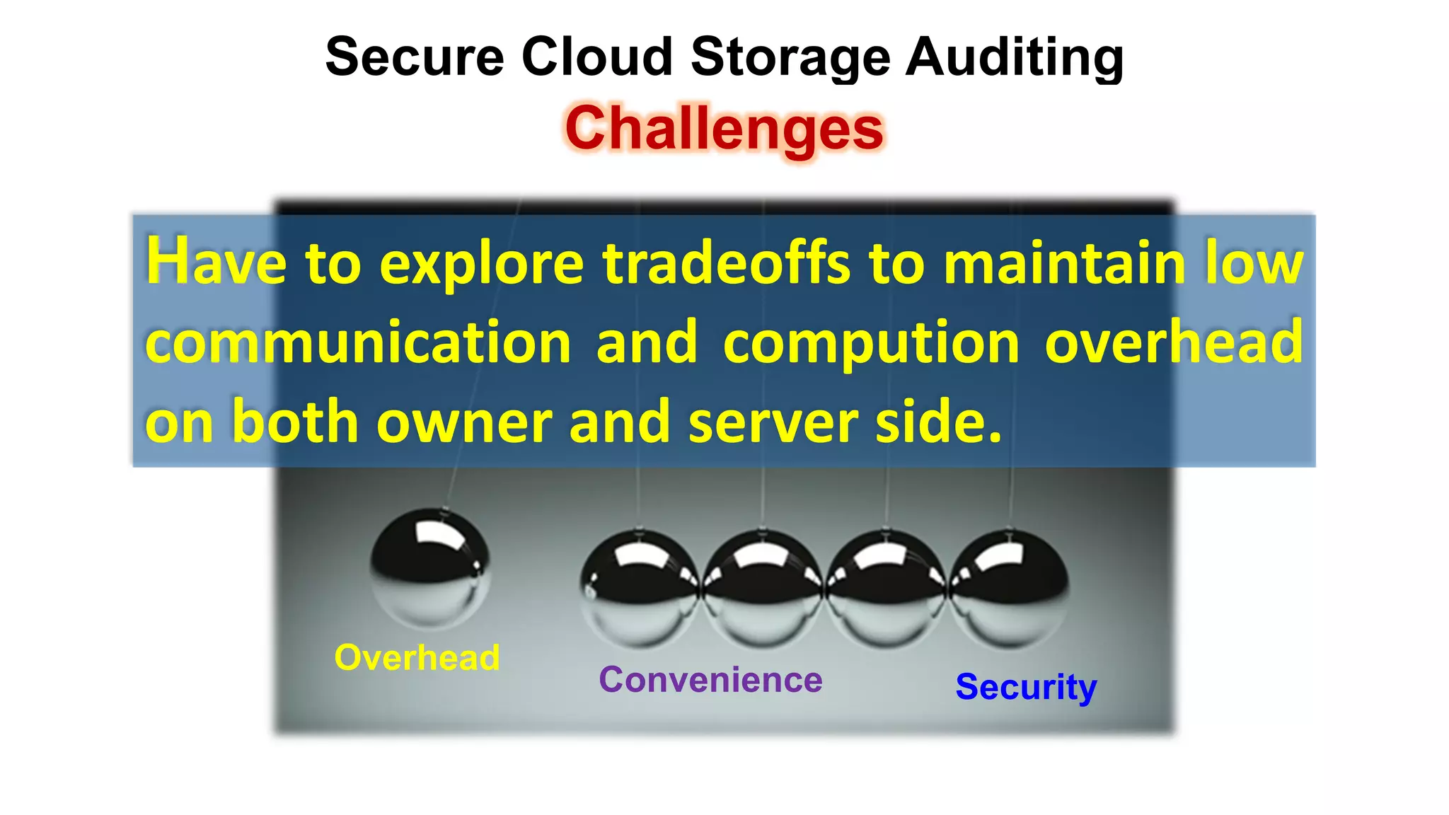 Secure Cloud Storage Auditing 
Security 
Convenience 
OverheadChallenges 
Havetoexploretradeoffstomaintainlowcommunicationandcomputionoverheadonbothownerandserverside.  