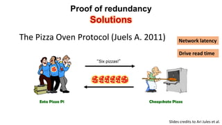 Proof of redundancy 
Solutions 
Eeta Pizza Pi Cheapskate Pizza 
“Six pizzas!” 
The Pizza Oven Protocol (Juels A. 2011) Network latency 
Drive read time 
Slides credits to Ari Jules et al. 
 