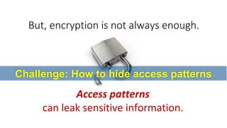 But, encryption is not always enough. 
Access patternscan leak sensitive information. 
Challenge: How to hide access patterns  