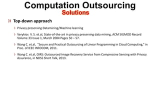 Computation OutsourcingSolutions 
Privacy preserving Datamining/Machine learning 
Verykios V. S. et.al, State-of-the-art in privacy preserving data mining, ACM SIGMOD Record Volume 33 Issue 1, March 2004 Pages 50 –57. 
Wang C. et.al, "Secure and Practical Outsourcing of Linear Programming in Cloud Computing,” in Proc. of IEEE INFOCOM, 2011. 
Wang C. et.al, OIRS: Outsourced Image Recovery Service from Compressive Sensing with Privacy Assurance, in NDSS Short Talk, 2013.  