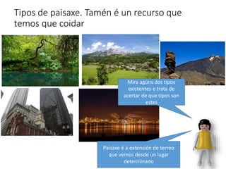 Tipos de paisaxe. Tamén é un recurso que
temos que coidar
Paisaxe é a extensión de terreo
que vemos desde un lugar
determinado
Mira agúns dos tipos
existentes e trata de
acertar de que tipos son
estes
 