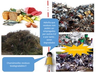 Adiviña que
residuos non
poden ser
empregados
por outros S.V
e por tanto ,
seren
degradados
Chamámoslles residuos
biodegradables!!
Contaminación!
 