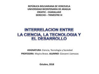 ASIGNATURA: Ciencia, Tecnología y Sociedad
PROFESORA: Mayira Bravo. ALUMNO: Giovanni Llamozas
REPÚBLICA BOLIVARIANA DE VENEZUELA
UNIVERSIDAD BICENTENARIA DE ARAGUA
CREATEC - CHARALLAVE
DERECHO – TRIMESTRE III
Octubre, 2018
 