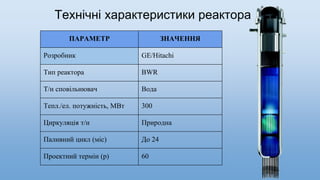 Технічні характеристики реактора
ПАРАМЕТР ЗНАЧЕННЯ
Розробник GE/Hitachi
Тип реактора BWR
Т/н сповільнювач Вода
Тепл./ел. потужність, МВт 300
Циркуляція т/н Природна
Паливний цикл (міс) До 24
Проектний термін (р) 60
 