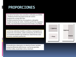 PROPORCIONES
Uno de los formatos más conocidos e utilizados es el DINA-
4. Podemos limitar las proporciones de nuestra
composición a través del color.
También existe las formas, las angulares y alargadas
amplían el campo de visión, mientras que formas angulares
cortas, nos transmiten la sensación de timidez y humildad.
Las formas redondas (modelo curvilíneo y rectangular), la
proporción y la simetría, suelen combinarse, las formas en
sus variantes también son simétricas. Estas formas crean
armonía, suavidad y perfección.
El tamaño de un elemento, en relación al resto, también
presenta diferentes definiciones. Las formas grandes,
anchas o altas, se perciben cómo, más fuert
 