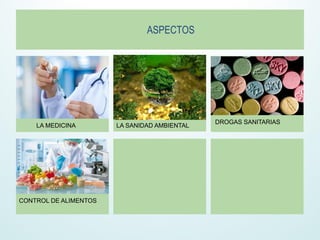 ASPECTOS
LA MEDICINA LA SANIDAD AMBIENTAL
DROGAS SANITARIAS
CONTROL DE ALIMENTOS
 