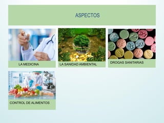 ASPECTOS
LA MEDICINA LA SANIDAD AMBIENTAL
DROGAS SANITARIAS
CONTROL DE ALIMENTOS
 