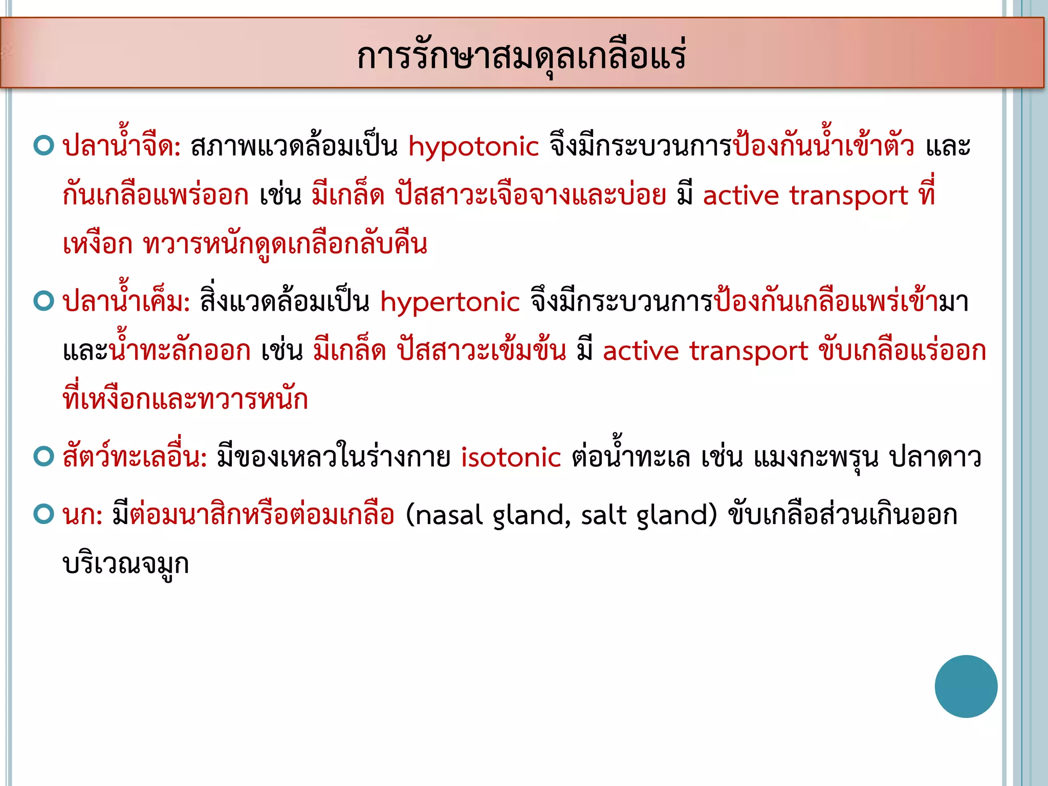  ปลาน้าจืด: สภาพแวดล้อมเป็น hypotonic จึงมีกระบวนการป้องกันน้าเข้าตัว และ
กันเกลือแพร่ออก เช่น มีเกล็ด ปัสสาวะเจือจางและบ่อย มี active transport ที่
เหงือก ทวารหนักดูดเกลือกลับคืน
 ปลาน้าเค็ม: สิ่งแวดล้อมเป็น hypertonic จึงมีกระบวนการป้องกันเกลือแพร่เข้ามา
และน้าทะลักออก เช่น มีเกล็ด ปัสสาวะเข้มข้น มี active transport ขับเกลือแร่ออก
ที่เหงือกและทวารหนัก
 สัตว์ทะเลอื่น: มีของเหลวในร่างกาย isotonic ต่อน้าทะเล เช่น แมงกะพรุน ปลาดาว
 นก: มีต่อมนาสิกหรือต่อมเกลือ (nasal gland, salt gland) ขับเกลือส่วนเกินออก
บริเวณจมูก
การรักษาสมดุลเกลือแร่
 