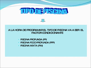 A LA HORA DE PROGRAMAR EL TIPO DE PISCINA VA A SER  EL FACTOR CONDICIONANTE PISCINA PROFUNDA (PP) PISCINA POCO PROFUNDA (PPP) PISCINA MIXTA (PM) TIPO DE PISCINA 