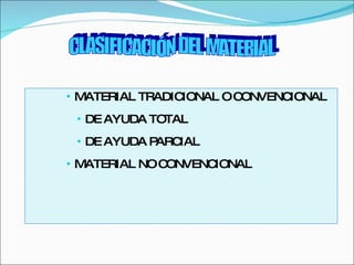 MATERIAL TRADICIONAL O CONVENCIONAL DE AYUDA TOTAL DE AYUDA PARCIAL MATERIAL NO CONVENCIONAL CLASIFICACIÓN DEL MATERIAL 