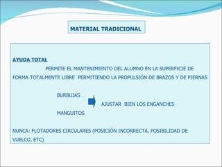 AYUDA TOTAL PERMITE EL MANTENIMIENTO DEL ALUMNO EN LA SUPERFICIE DE FORMA TOTALMENTE LIBRE  PERMITIENDO LA PROPULSIÓN DE BRAZOS Y DE PIERNAS BURBUJAS  AJUSTAR  BIEN LOS ENGANCHES MANGUITOS NUNCA: FLOTADORES CIRCULARES (POSICIÓN INCORRECTA, POSIBILIDAD DE VUELCO, ETC) MATERIAL TRADICIONAL  