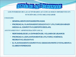LOS INTERESES DE LAS ACTIVIDADES ACUÁTICAS SERÁN DIFERENTES EN FUNCIÓN DEL ENTE ORGANIZADOR COLEGIOS GENERALMENTE ENTIDADES PRIVADAS PRIORIDAD AL PLANTEAMIENTO EDUCATIVO Y UTILITARIO.EN MENOR MEDIDA AL COMPETITIVO (DEPORTE ESCOLAR). AYUNTAMIENTO Y ADMINISTRACIÓN LOCAL RESPONSABLES DE LA EXPANSIÓN DEL VOLUMEN DE USUARIOS PRIORIDAD A LOS PLANTEAMIENTOS: UTILITARIO, HIGIÉNICO, RECREATIVO, EDUCATIVO EL PLANTEAMIENTO COMPETITIVO: CEDIDO EN PARTE O TOTALMENTE A CLUBES INTERESADOS GESTIÓN DEL ENTE ORGADIZADOR 